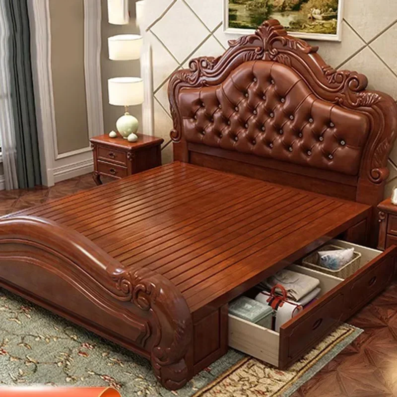 Wood Unique Luxury Bed King Size Master Cheap Upholstered Queen Bed Modern Genuine Leather Letto Matrimoniale Home Furniture