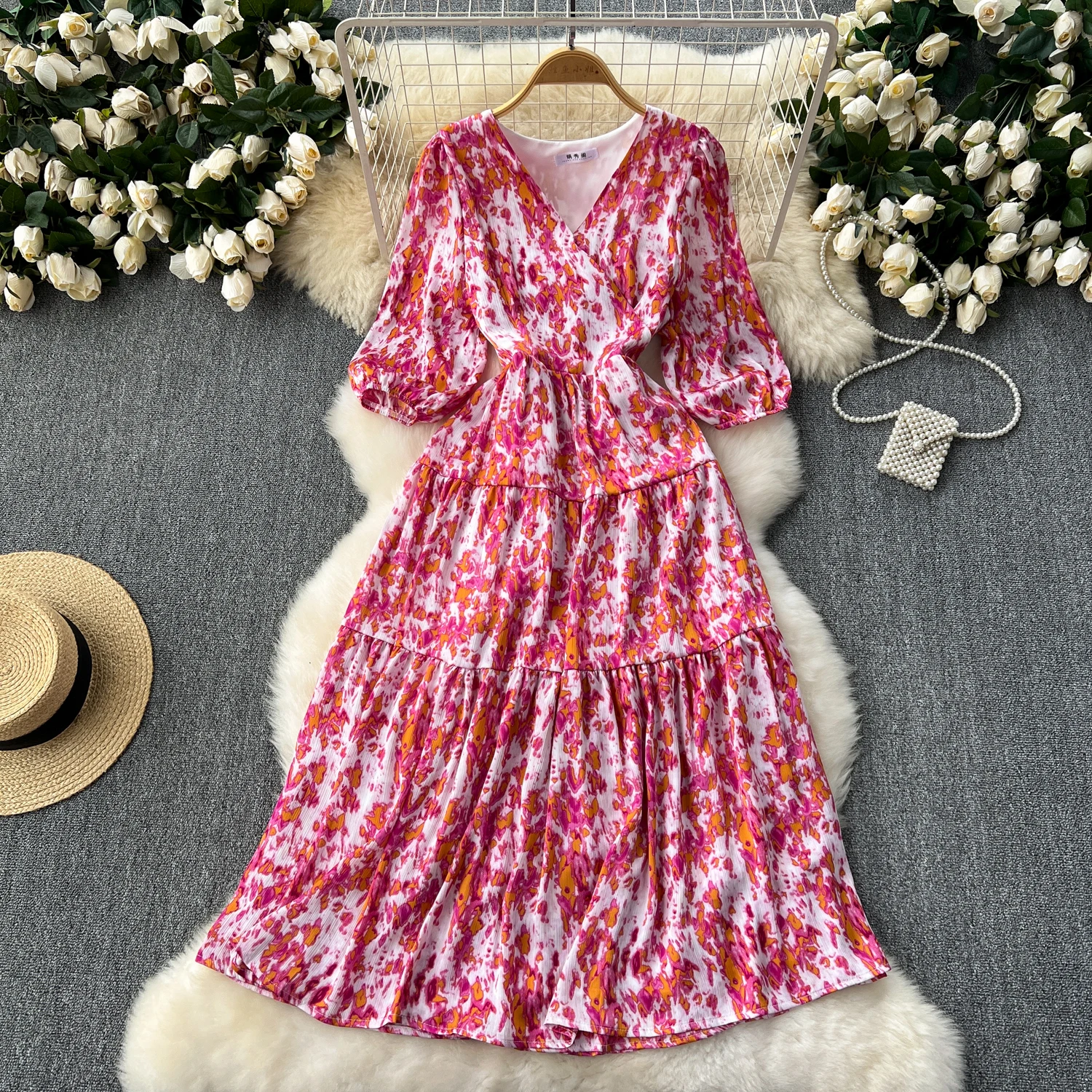 

Vintage Print Elegant V-neck Dress A-line Casual sweet Women Fashion SUMMER Spring Vestidos chiffon dresses