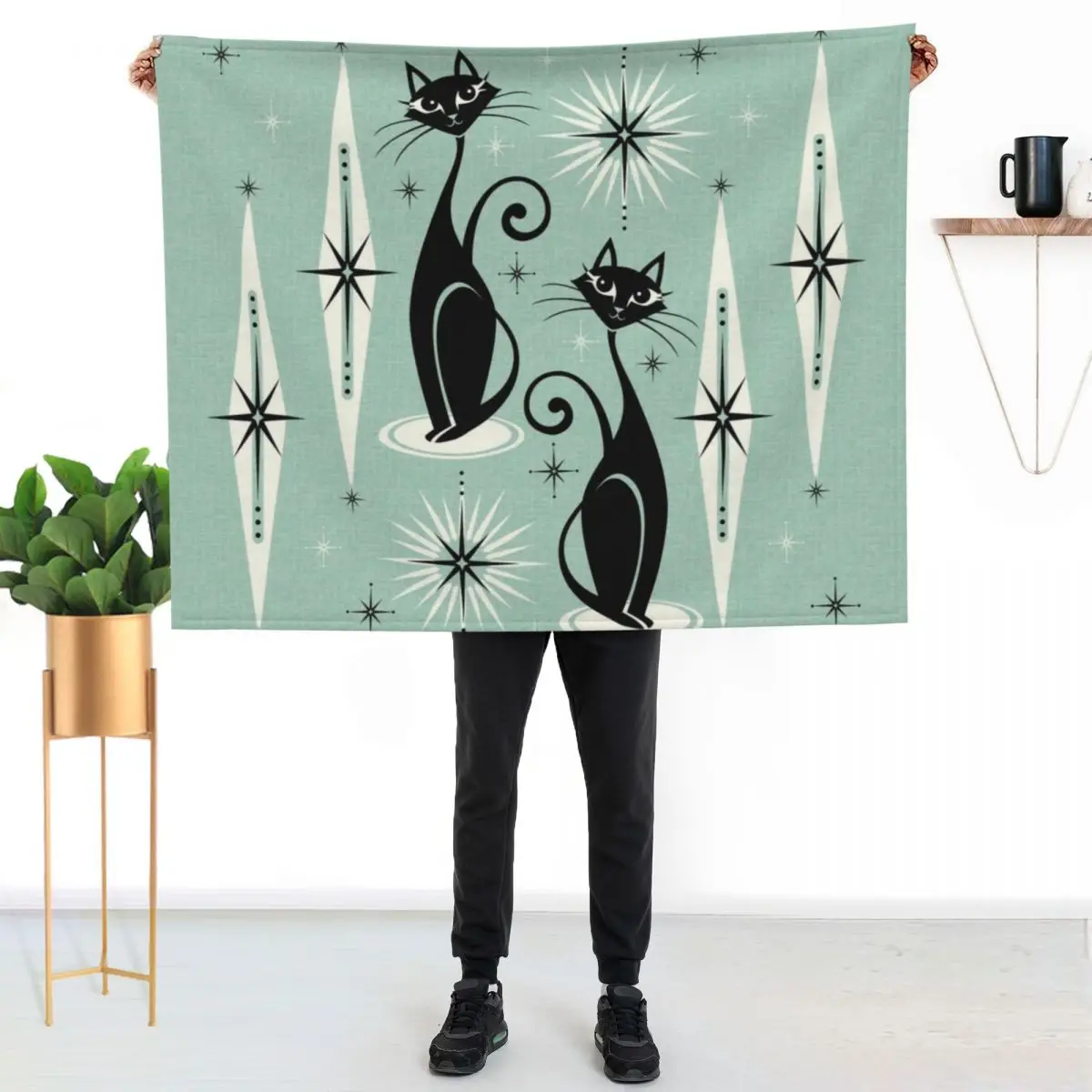 Mid Century Meow Retro Atomic Cats on Vintage Mint ?studioxtine Throw Blanket Sofa Travel Baby Decorative Sofa For Baby Blankets