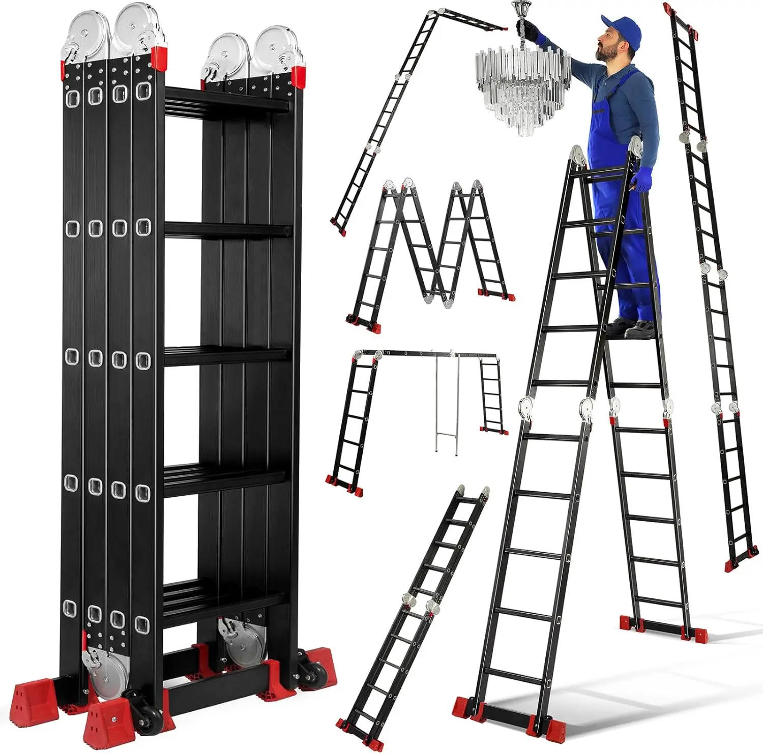 7 in 1 Folding Ladder Multi-Purpose Extension Aluminium Step Stools 19.4 FT Heavy Duty Ladder with Non-Slip Wide Pedal