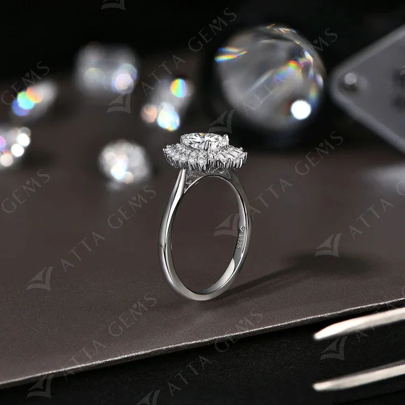 ATTAGEMS 925 Sliver Luxury Pear Cut 1.0CT Moissanite Diamond Ring for Women Solid 10K 14K 18K Jewelry White Gold Engagement Gift