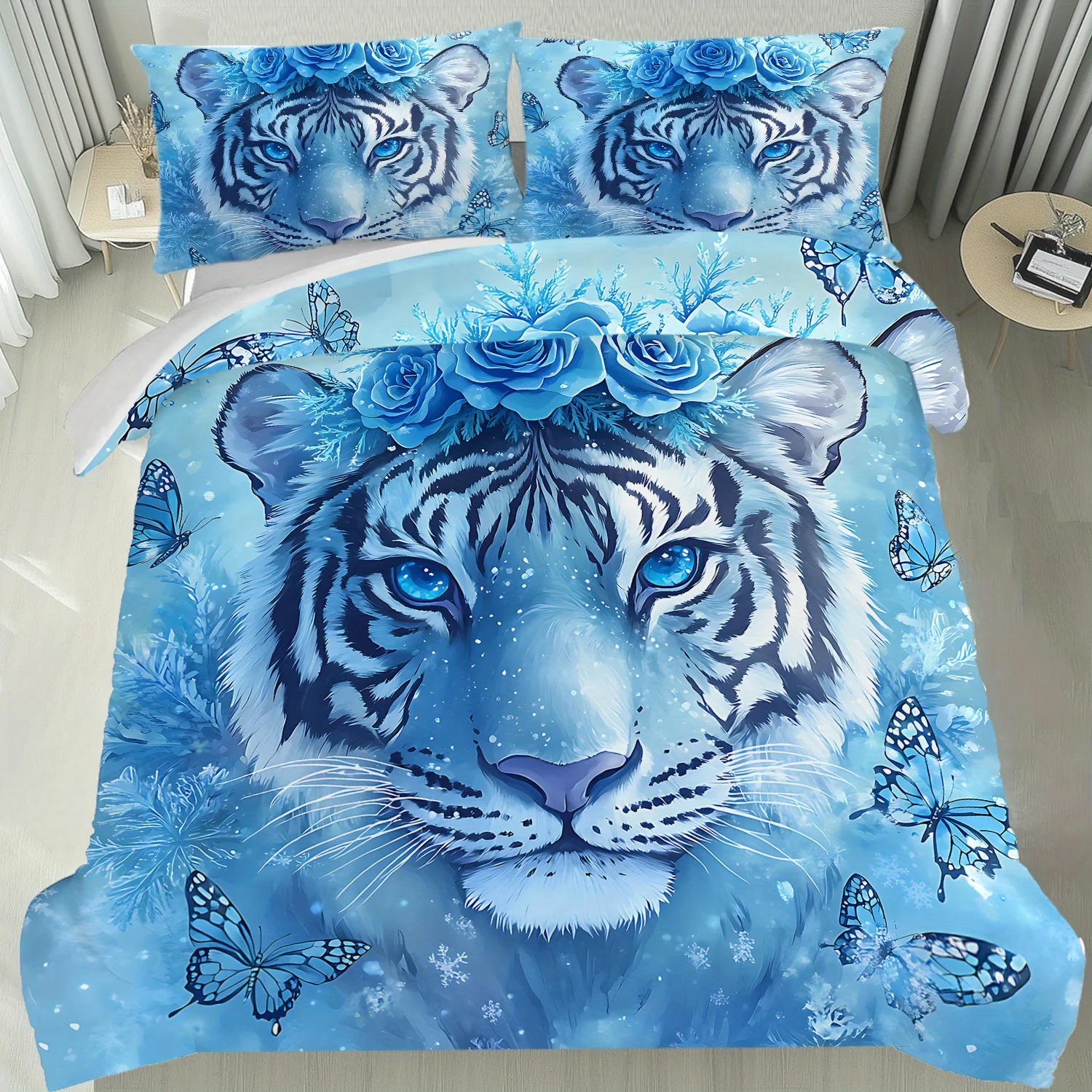 3pcs Bedding Featuring a White Tiger Design - Duvet Cover with Blue-Eyed White Tiger And Two Pillowcases -for Bedroom Decor