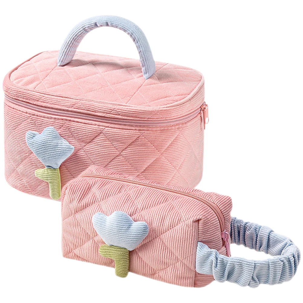 2개 세트 코듀로이 메이크업 가방 대용량 퀼팅 오거나이저 여행용 화장품 가방 여성용 다용도 메이크업 파우치 세트