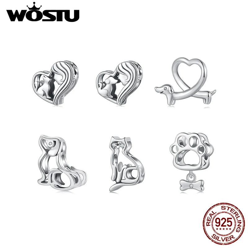 WOSTU 925 Sterling Silver Hollow Cat Dog Charms Bead Cute Pet Zampa Bassotto Ciondolo Misura Originale Braccialetto Neckalce FAI DA TE Ragazza Regalo