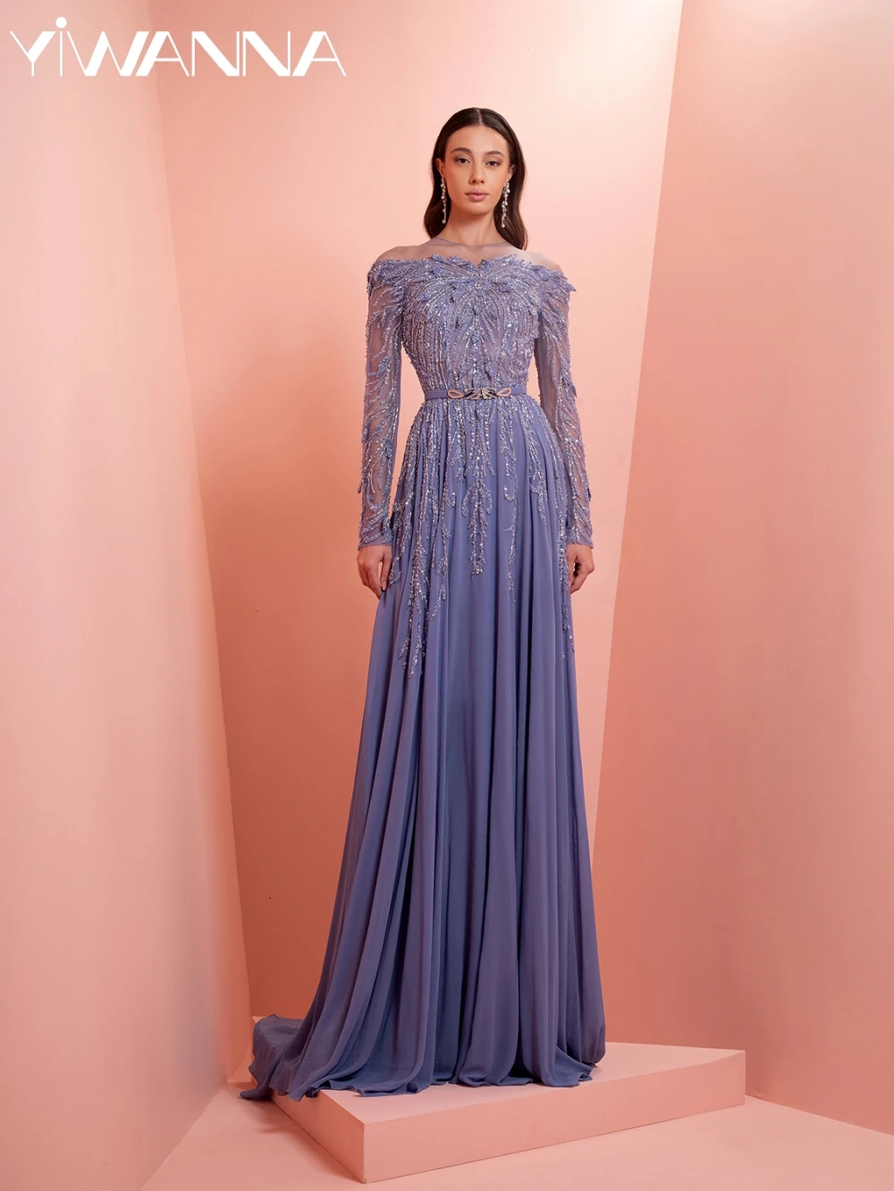 

New Arrival Chiffon Beaded A-line Long Evening Dress Modest High Collar Wedding Party Gown Customized Graceful Prom Dresses
