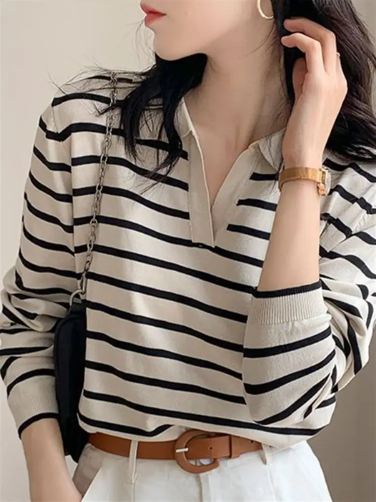 

Loose Knitted V-Ne Striped Base irt Long Sve T-irt Women's Spring Autumn New Sle Commute Versatile Outerwear Top