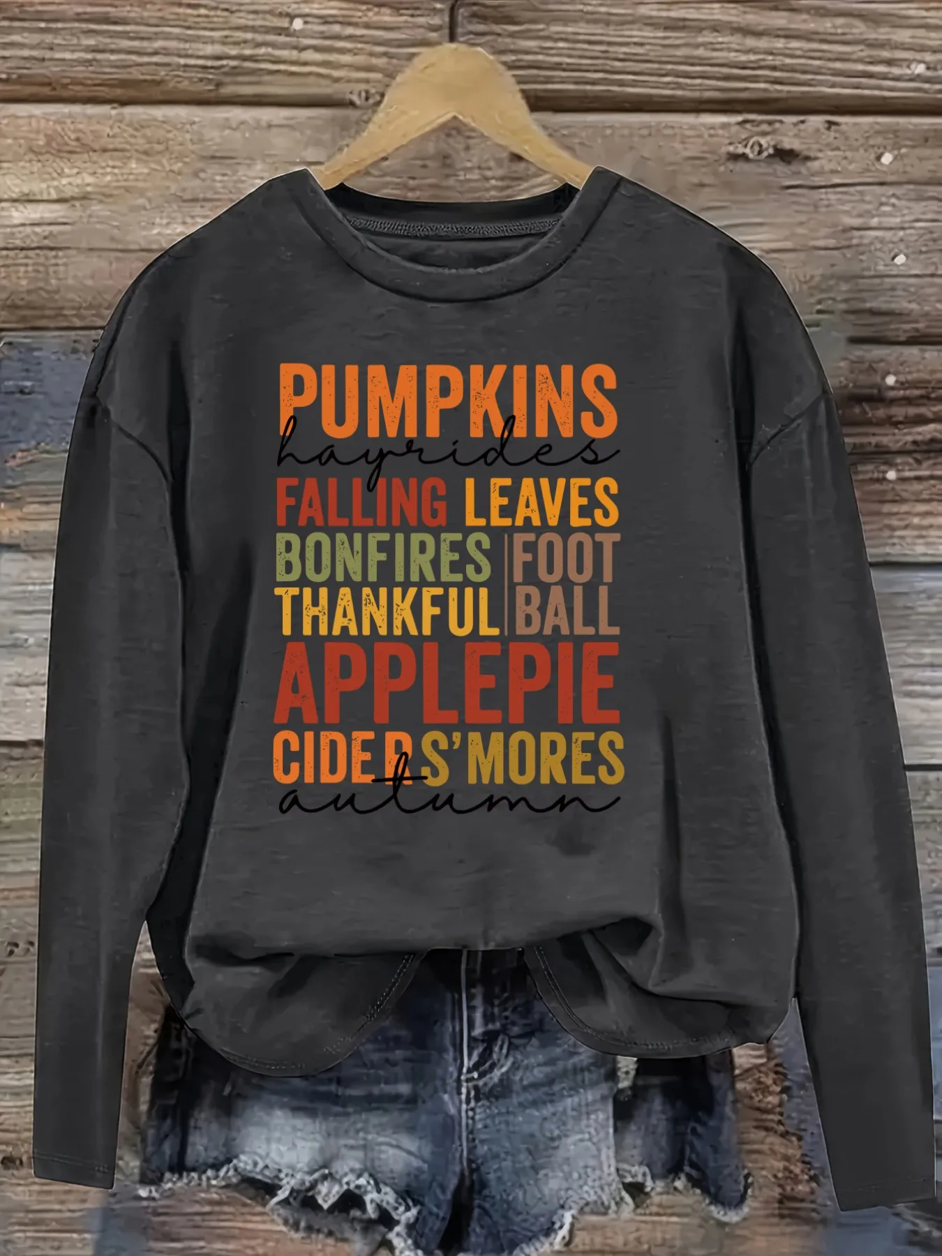 Women's Casual Long Sleeve Crew Neck T-Shirt Pumpkins Hayrides Falling Leaves Bonfires Design, Round Neck Women's Clothing, Machine Washable, Slightly Elastic, Loose Fit, Spring Autumn Winter Women's T-Shirt, Halloween Costume Outfit view 2