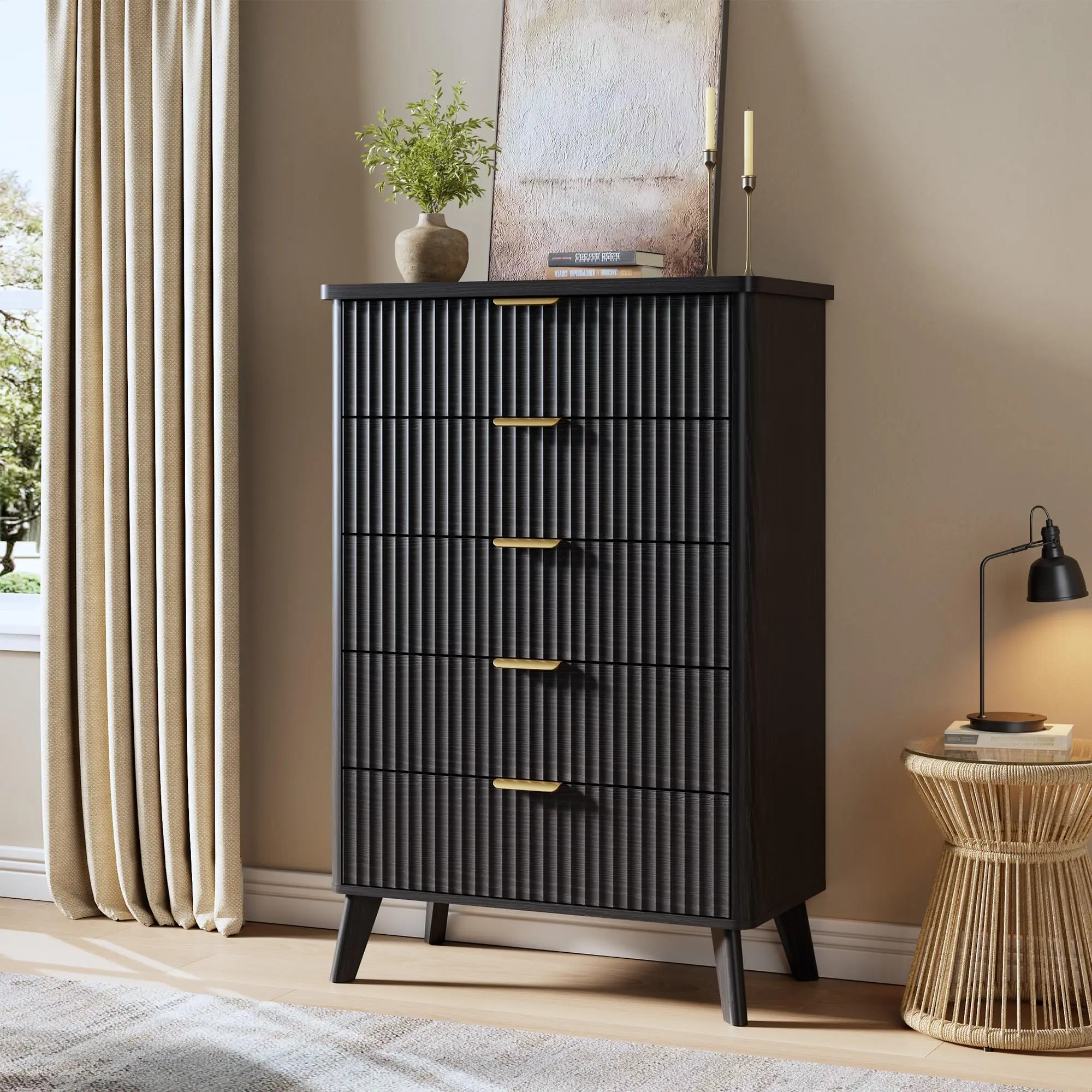 Modern Fluted 5-Drawer Tall Dresser - 47.2" Chest, Deep Storage, Curved Profile - Bedroom, Nursery, Living Room, Hallway - Organizer Cabinet - Walnut/Black/Natural Oak