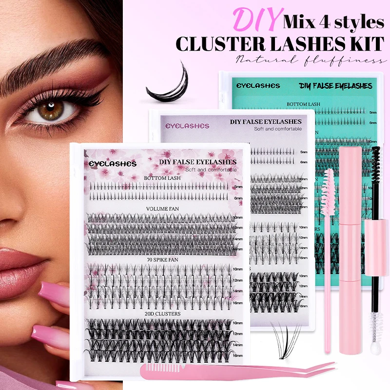 

404 Rows Cluster Lash Extensions Bond And Seal DIY Eyelash Kit Curling Up Volume False Eyelashes Individual Bottom Spike Lashes