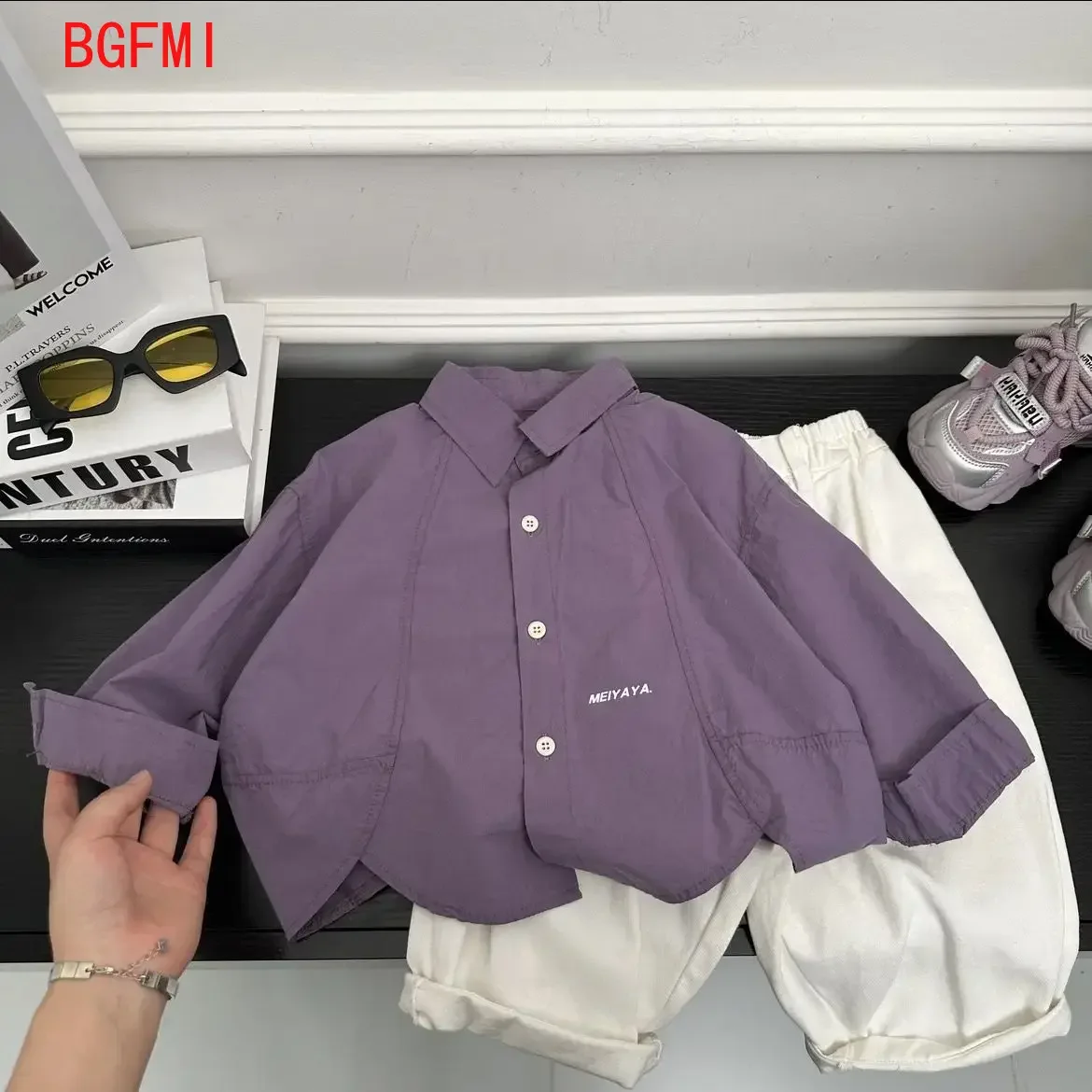 Korean Children's Clothing Set Spring Autumn New Boys and Babies Fashion Loose  Long Sleeve Purple Shirt and Pants 2PCS Outfits