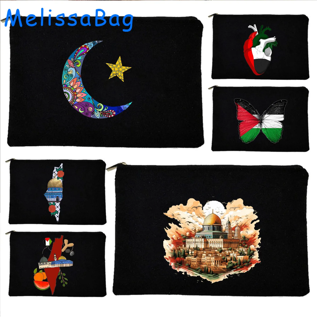 Peace Butterfly Heart Jerusalem Dome Mosque Church Moon Star Gift Canvas Cosmetic Bag Makeup Toilet Bag Pencil Case Zipper Pouch