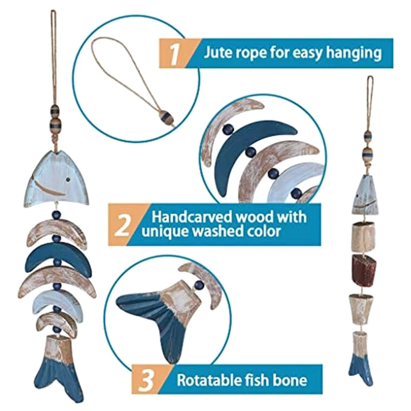 ديكور خشبي معلق على السمك ، رنين منحوت يدويًا ، موضوع بحري ، منزل البحيرة ، ديكور جداري ، عبوة من 2