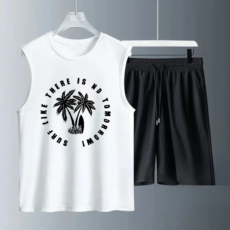 2025 الرجال الصيف بلا أكمام شجرة جوز الهند طباعة مجموعات عادية تنفس الزي اليومي مريحة المألوف الفاخرة الرجال الملابس