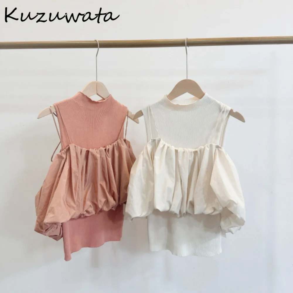 Kuzuwata Casual Ruffles Off Shoulder Sling Sets Shirt O Neck Sleeveless Knit Slim Fit Vest Japan New All-match Women Suits Tops