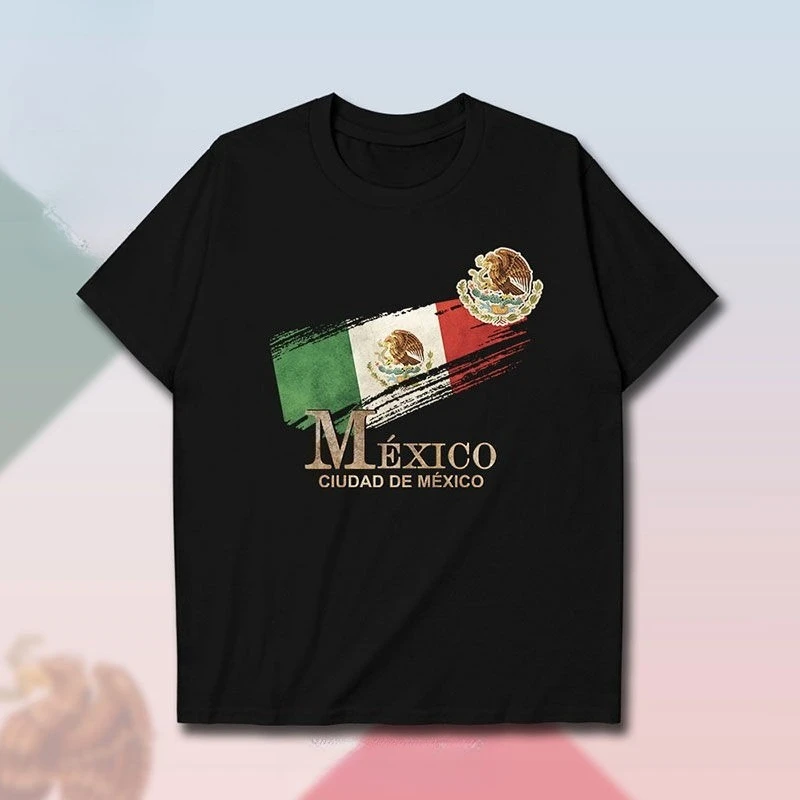

Unbounded, Mexican Flag Logo Printed Short-sleeved T-shirt for Men and Women, National Retro Personality Round Neck Summer Wear
