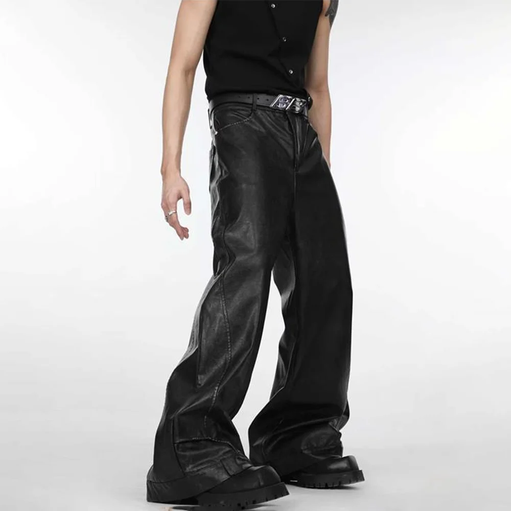 

Autumn New Men's Solid Color Pu Leather Trousers American Retro Fashion High Street Trend Slim Simple Casual Niche Men's Bottoms