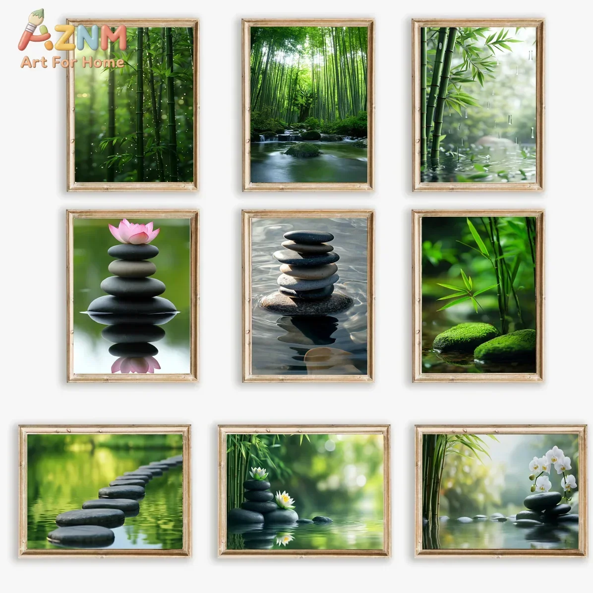 AZNM Zen Spa Canvas Wall Art Green Bamboo Stacked Balance Stone Lotus Flower Stream Nature Landscape Unframed Print For Meditati