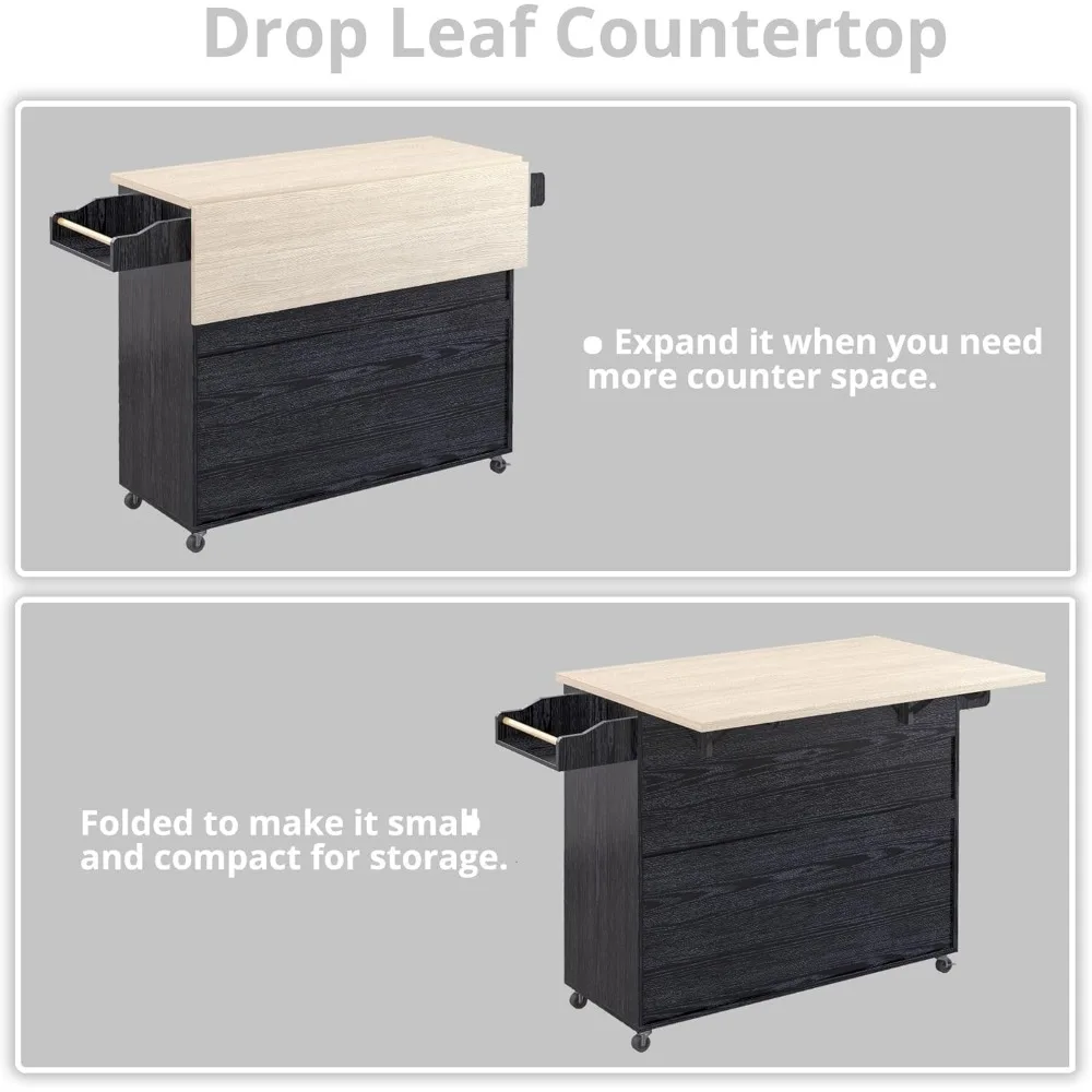 Carrello con isola da cucina con ribaltamento, portabottiglie, portabottiglie per microonde, cassetto e ripiani, nero