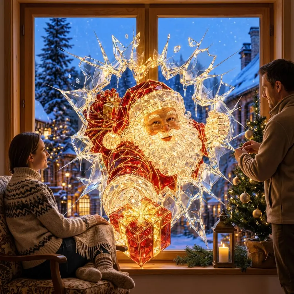 Cartoon Crystal Break-In Christmas Decal PVC Static Cling Fake Broken Glass Cling Decal Snowman Bear Self-Adhesive