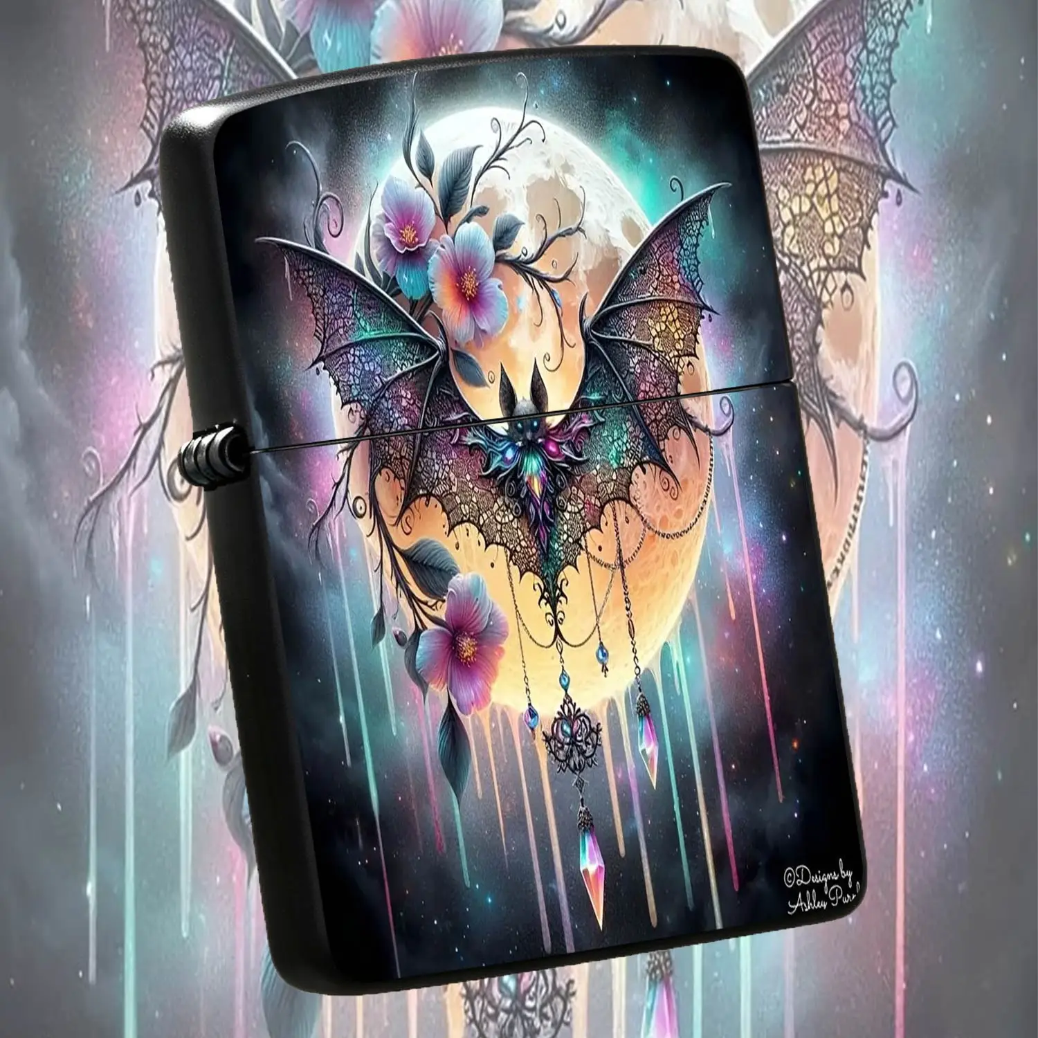Whimsical Lace Bat Full Moon Decor Lighter, Dreamy Nebula Starry Sky Gradient Floral HangingOrnament, Stylish Portable Accessory for Daily Use Gifting All Scenarios, Unique Artistic Exquisite Tre A Humorous And Interesting Lighter