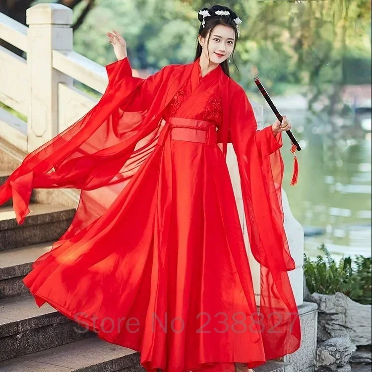 Auf Lager Weiße Hanfu-Kleider Feenkostüme im chinesischen Stil Traditioneller weiten Ärmel-Frischanzug Ancient Oriental Folk Performance