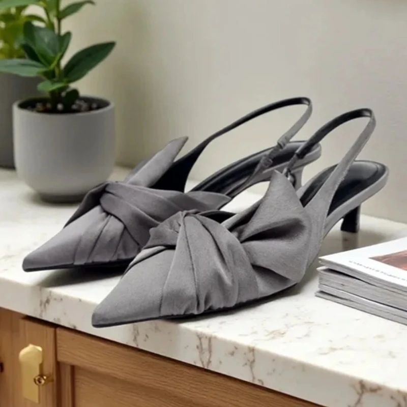 

Элегантные женские туфли-лодочки на каблуке-рюмочке, сексуальные атласные босоножки с острым носком и ремешком на пятке, удобные офисные и нарядные туфли на высоком каблуке для женщин
