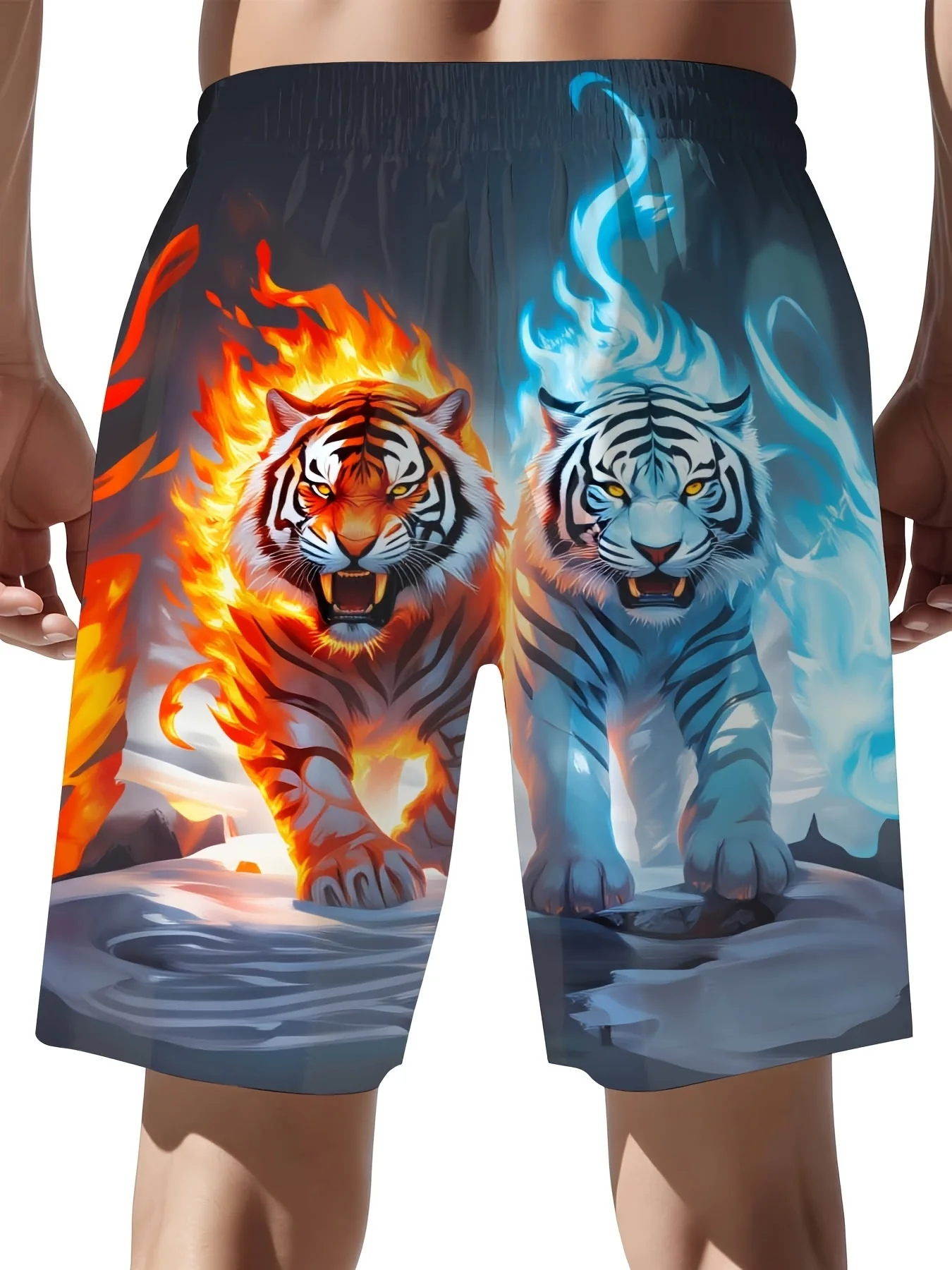 Double Tiger 3D Printed Shorts for Men and Women Elastic Waist Vacation Beach Shorts Casual Sports