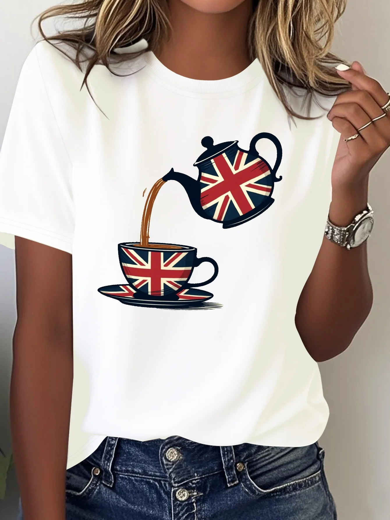 Women's British Tea Time T-Shirt Flag and Tea Cup Print with Union Jack and Scottish Saltire Print T Shirt Vintage Tops Clothes