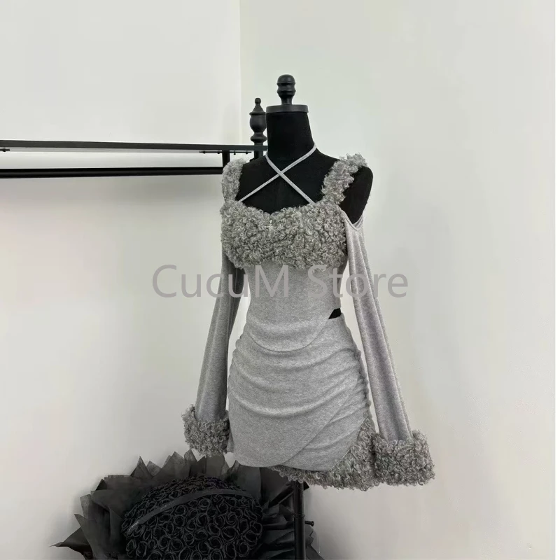 Korean Sexy Two Pieces Set Women Fur Patchwork Irregular Halter Off Shoulder Tops + Pleated Grunge Skirts Y2k Aesthetic Outfit