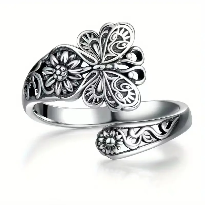 Sterling Silver Spoon Ring Vintage Butterfly and Flower Carving, Plated Symbol of Beauty and History High Quality Gift