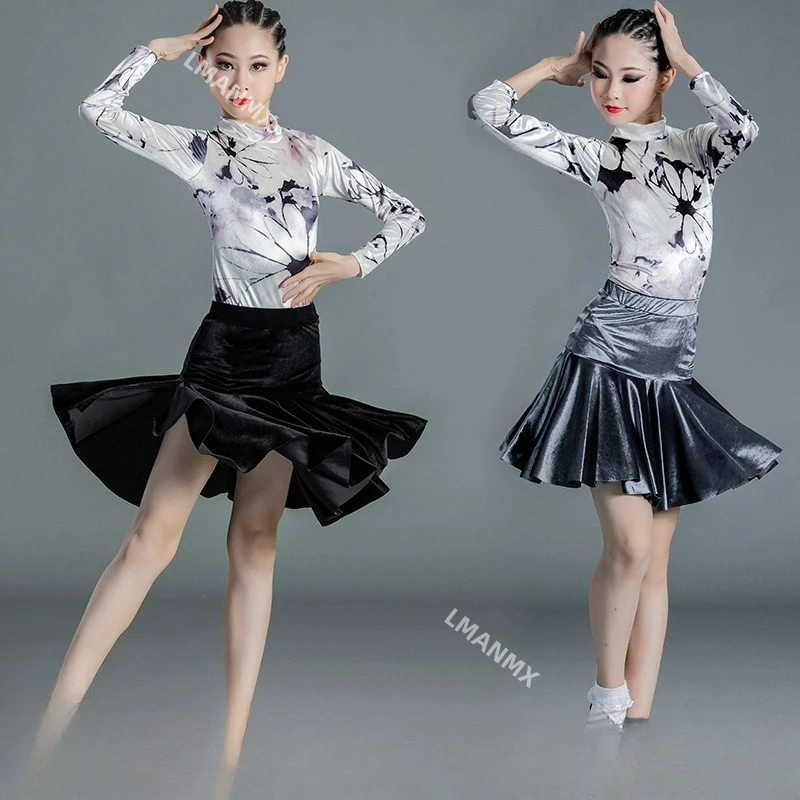 

Новое платье для латинских танцев, детская одежда для латинских танцев, осенне-зимние бархатные длинные рукава.