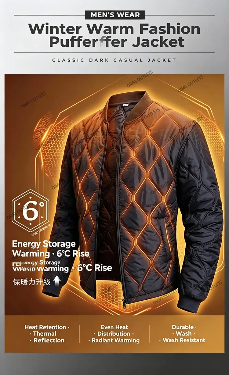 Gesteppte Herrenjacke Warme Winter-Steppjacke Parka Lässige Modische Oberbekleidung Wattierte Baumwollmäntel mit Stehkragen Herrenkleidung Top – Detail 2