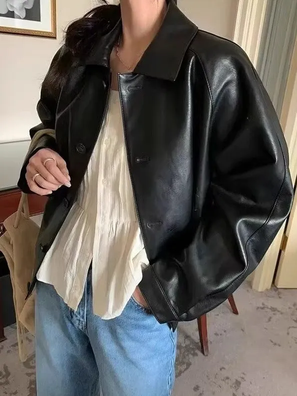 ゆったりとした女性用ブラレザージャケット、カジュアルなスプリング2025、ノースアイランドウールコート、ヴィンテージPUジャケット、通勤用防風