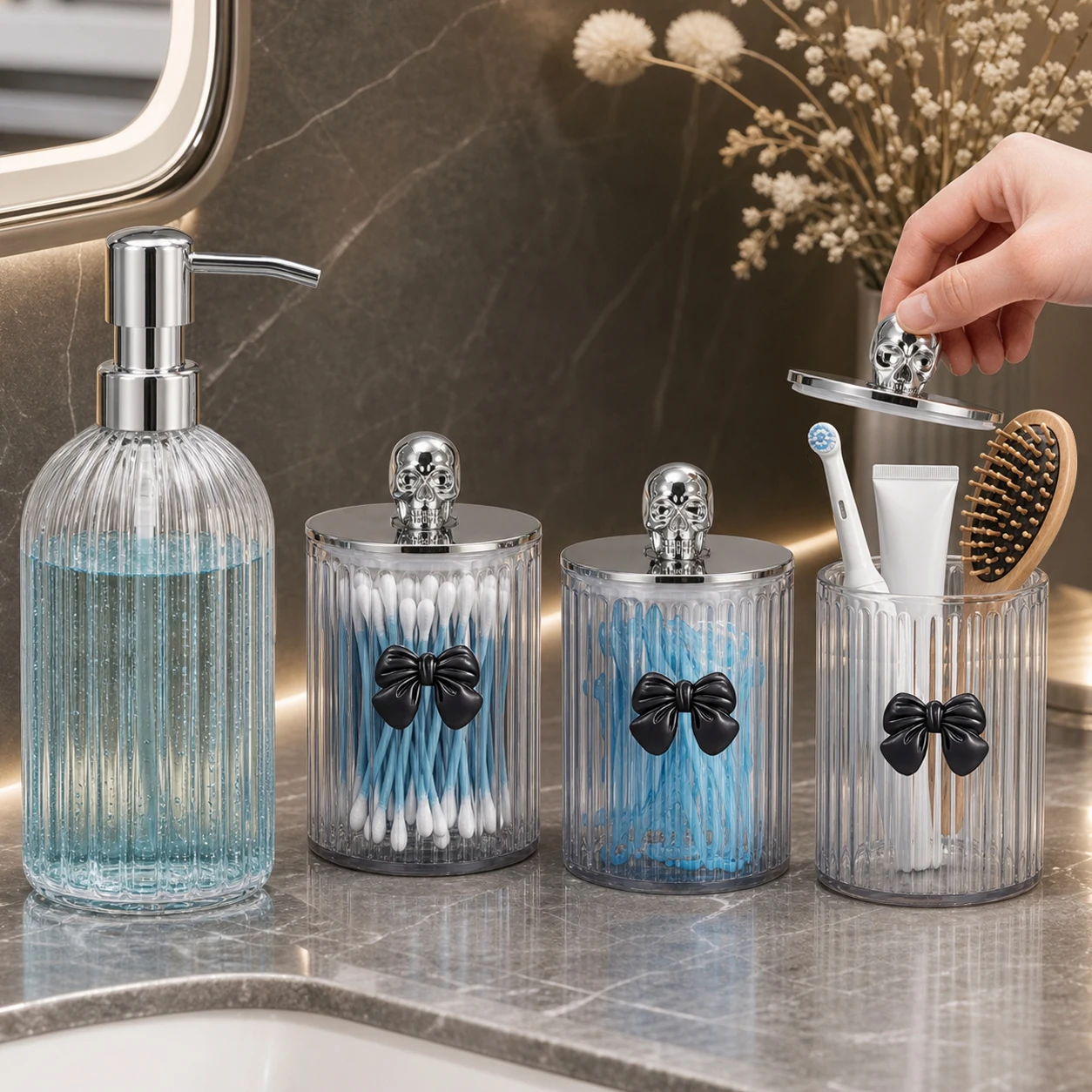 6Pcs Clear Bathroom Accessory Set, Refillable Soap Dispenser Bottles & Canister Jars with Waterproof Labels for Vanity Decor