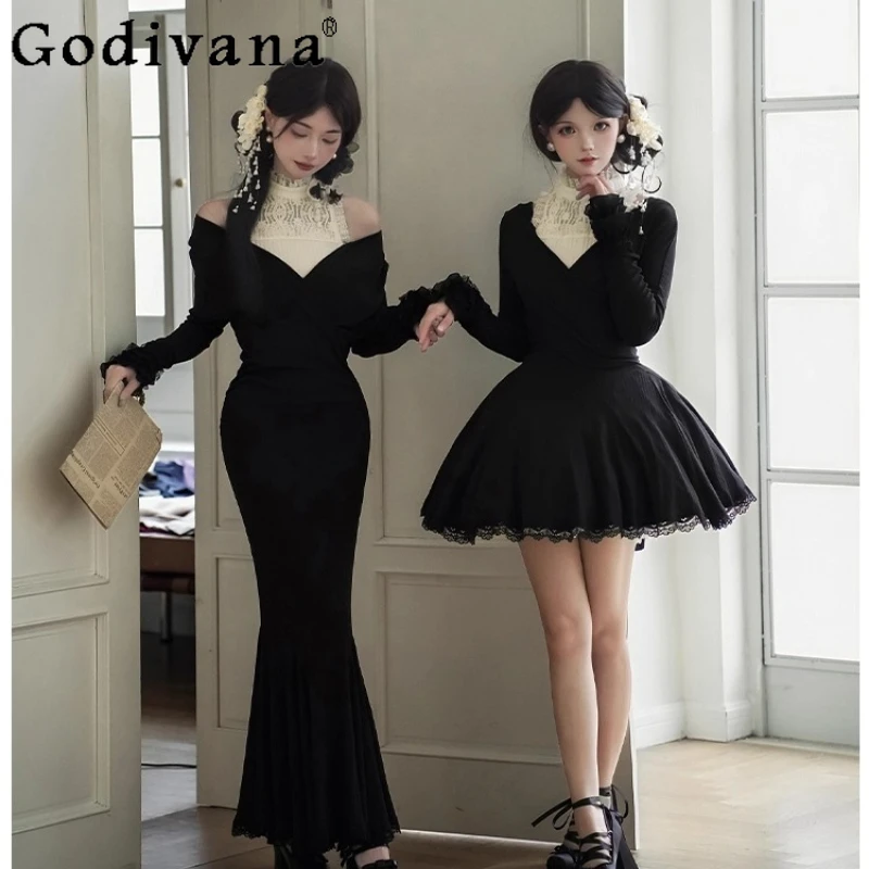 

French Court Style Elegant Princess Dress Set Autumn New Women's Slim Fit Off-Shoulder V-Neck Long Dress Lolita Retro Dress Set