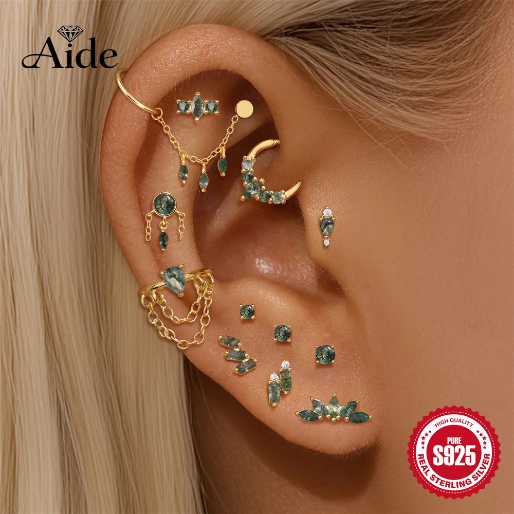 AIDE S925 Sterling Silver Gold-Plated Single Natural Moss Agate Flat-Headed Ear Bone Piercing Stud Earrings with Earlobe Clip
