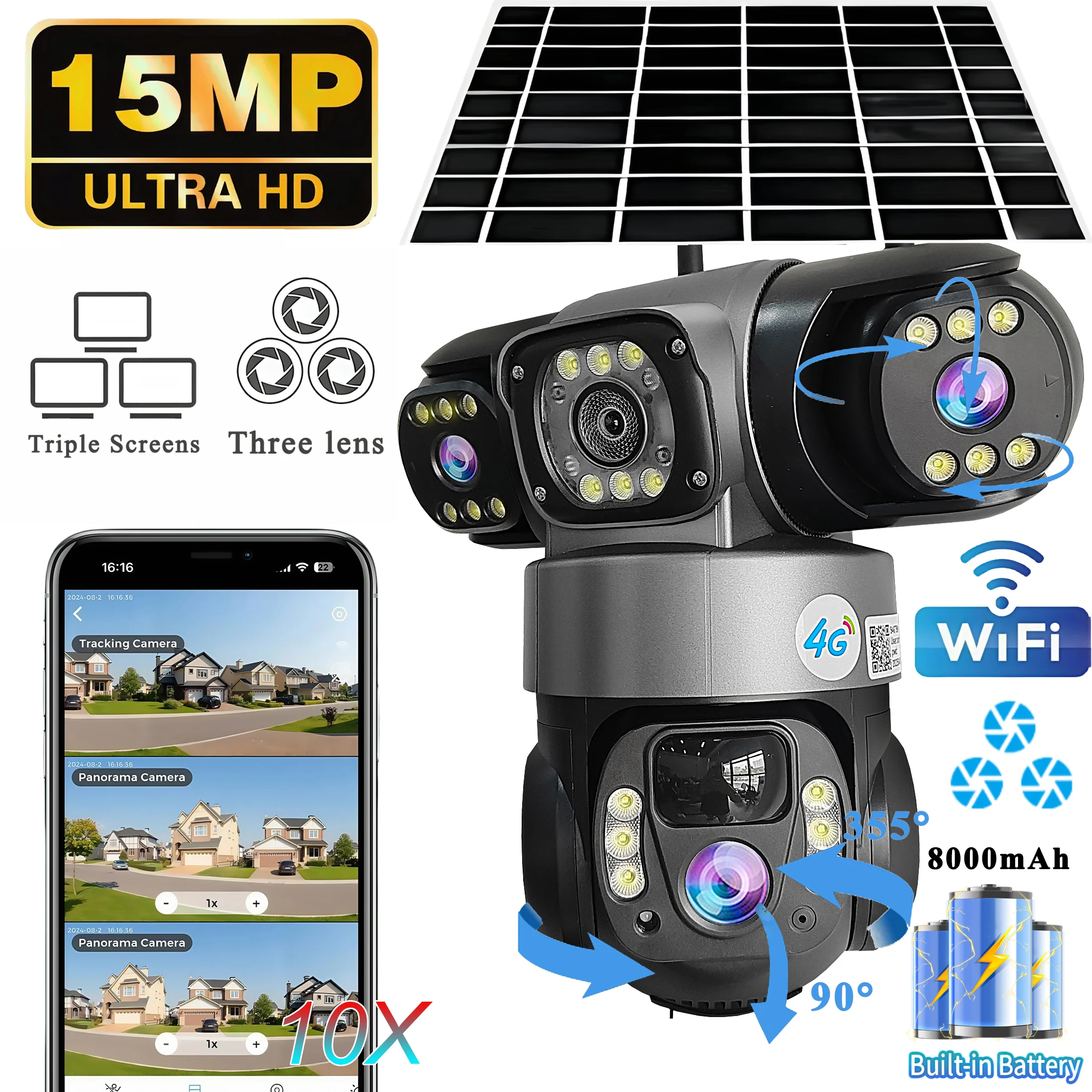 Telecamera di sicurezza per esterni V380 Wifi, 15MP, con 3 obiettivi, funzione PTZ, impermeabile IP66, dotata di audio bidirezionale e visione notturna, tracciamento automatico, allarme e visione