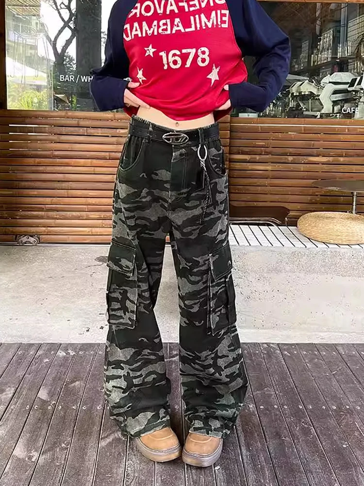 미국 레트로 카모플라주 작업복 바지 하이웨이스트 슬림 와이드 레그 멀티 포켓 롱 팬츠 남녀 공용 클린핏 캐주얼 팬츠