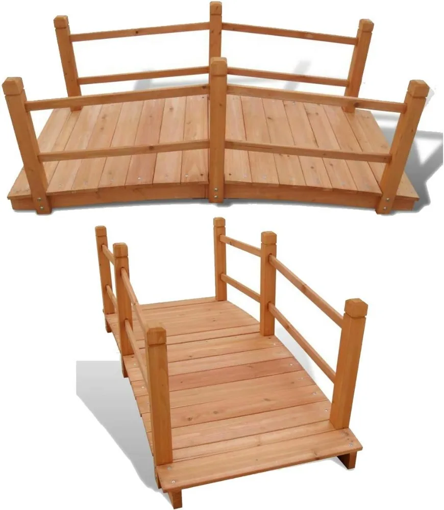 

5’ Solid Wooden Garden Bridge Walkway | Durable Sturdy Double Handrails Heavy Duty Safe Decorative Item Weather Resistant