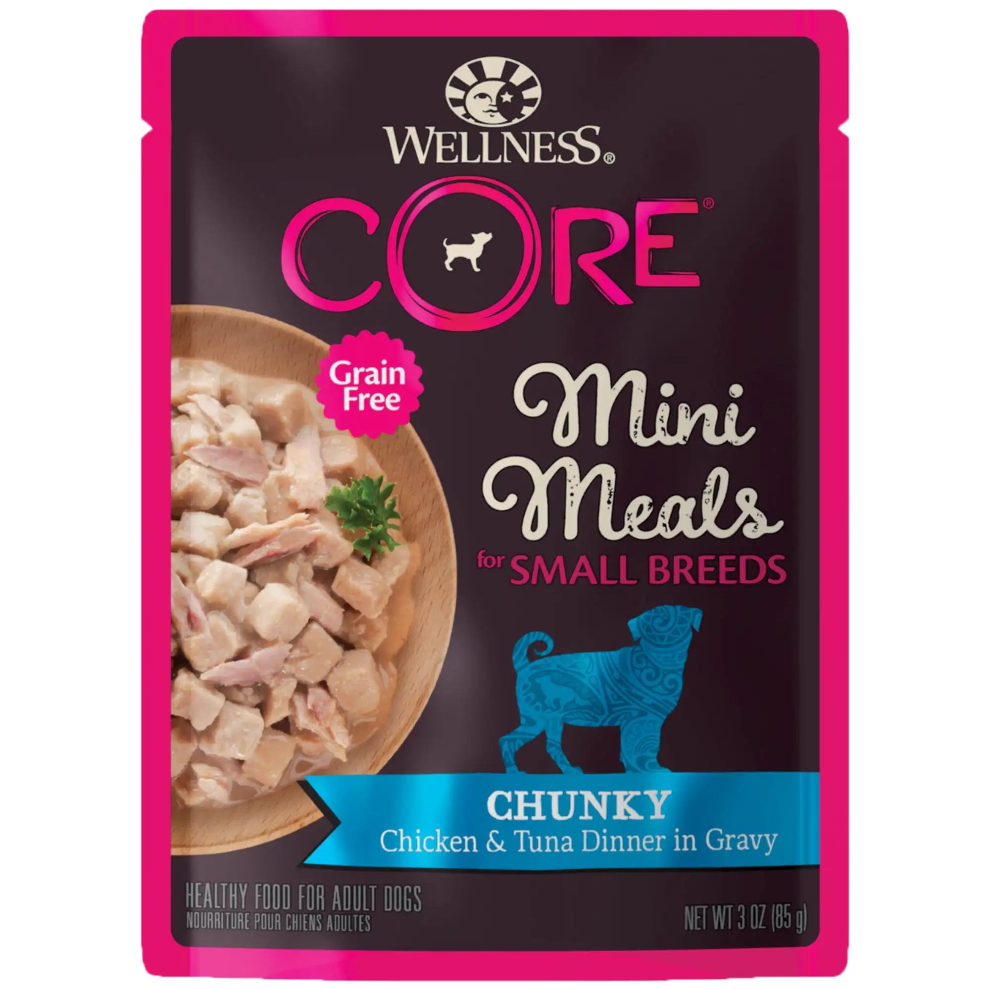 

Wellness CORE Natural Grain Free Small Breed Mini Meals Wet Dog Food, Chunky Chicken & Tuna Dinner in Gravy, 3-Ounce Pouch (Pac