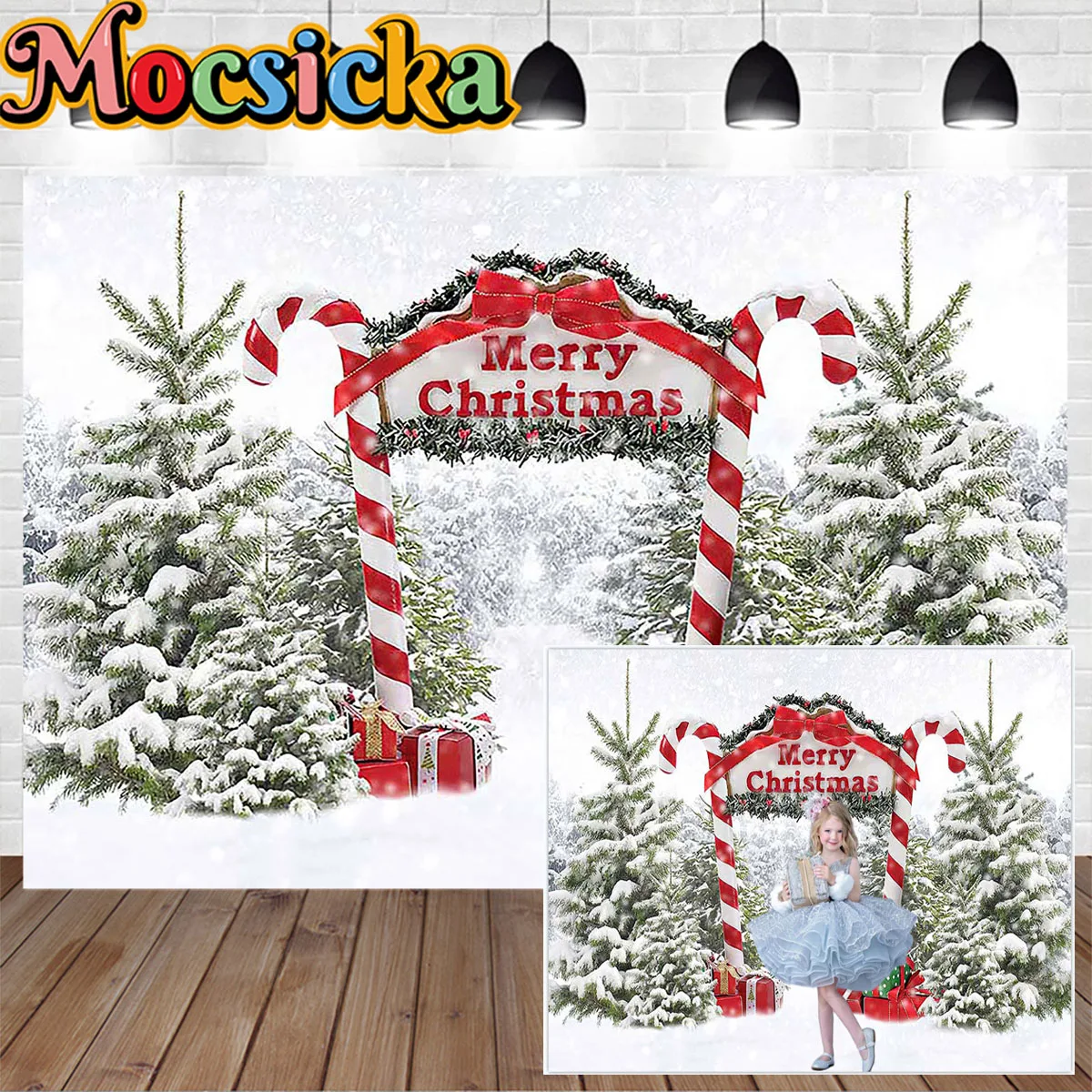 

Merry Christmas Photography Background Winter Candy Cane Gift Decor Door Xmas Tree Forest Snowflakes Backdrop Kids Studio Photo