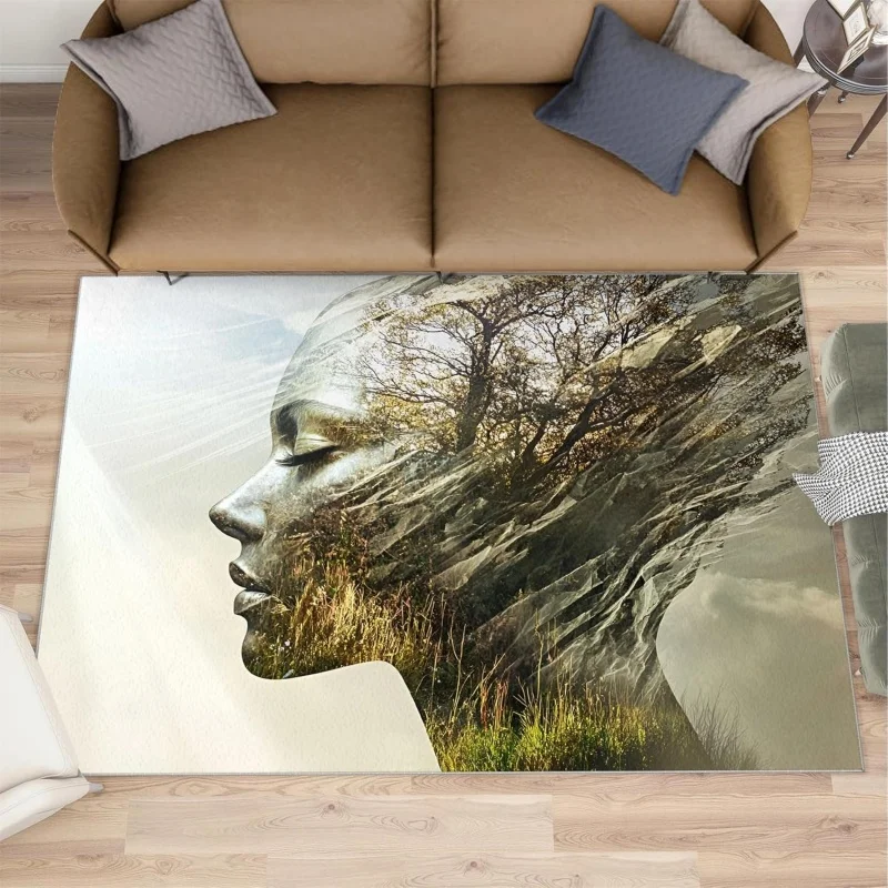 Nature Woman Face Area Rug Abstract Forest Art Print Carpet Non-Slip Indoor Floor Mat for Living Room Bedroom Office