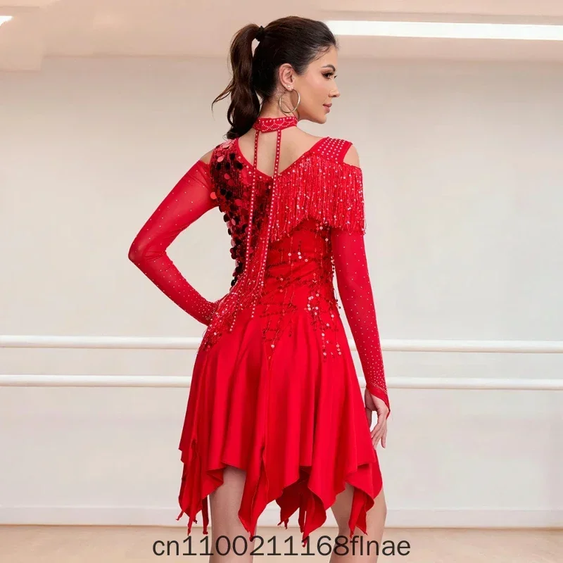 Women Latin Dance Dress Professional Competition Performance Outfit Sequin Long Sleeved Tassel Stage Show Ballroom Dancing Wear