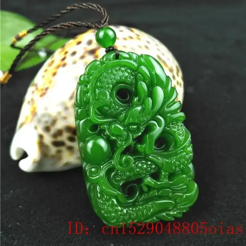 Green Natural Hetian Jade Dragon Pendant Jasper Necklace Carved