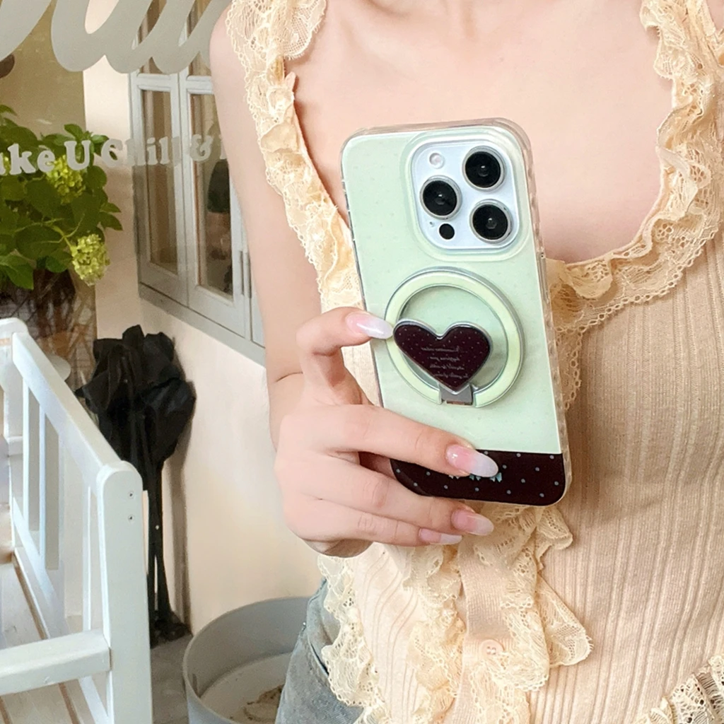

Simple Green Brown Splicing Wave Point Love Fold Hollow Out With Holder Magnetic Phone Cover Case for IPhone 16 15 14 13 Pro Max