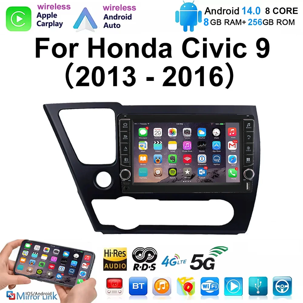 

Android 14 For Honda Civic 9 2013 2014 2015 2016 Car Radio Multimedia Video Player Navigation stereo GPS No 2din din wifi 4g LTE