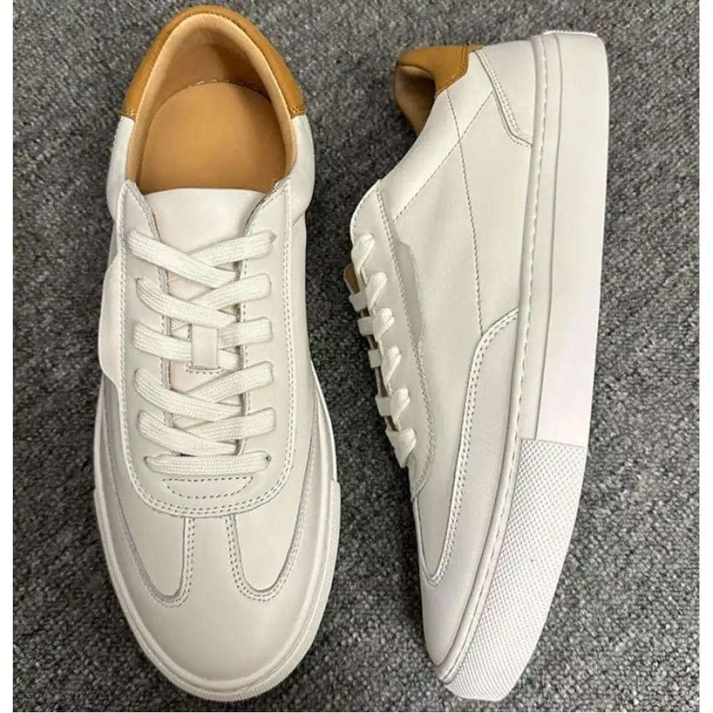 Minimalist White Leather Casual Sneakers, with caramel heel detail and non-slip sole,