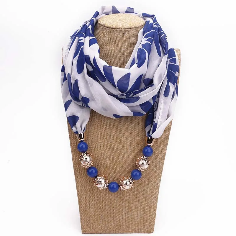 Beaded Pendant Scarf Print Chiffon Neck Warmer Fashion Outdoor Travel Shawl Infinity Wrap for Women Ladies Unisex​