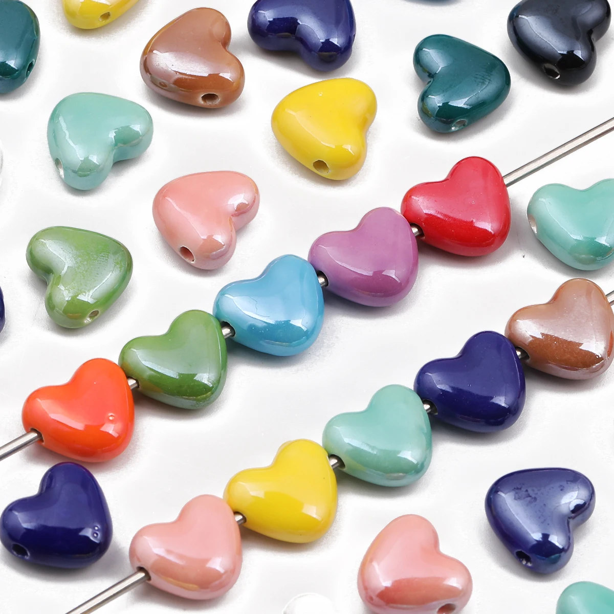 10/20pcs Random Color 15mm Glossy Heart Ceramic Beads, Loose Spacer Beads for DIY Bracelet Handmade Jewelry Craft Making