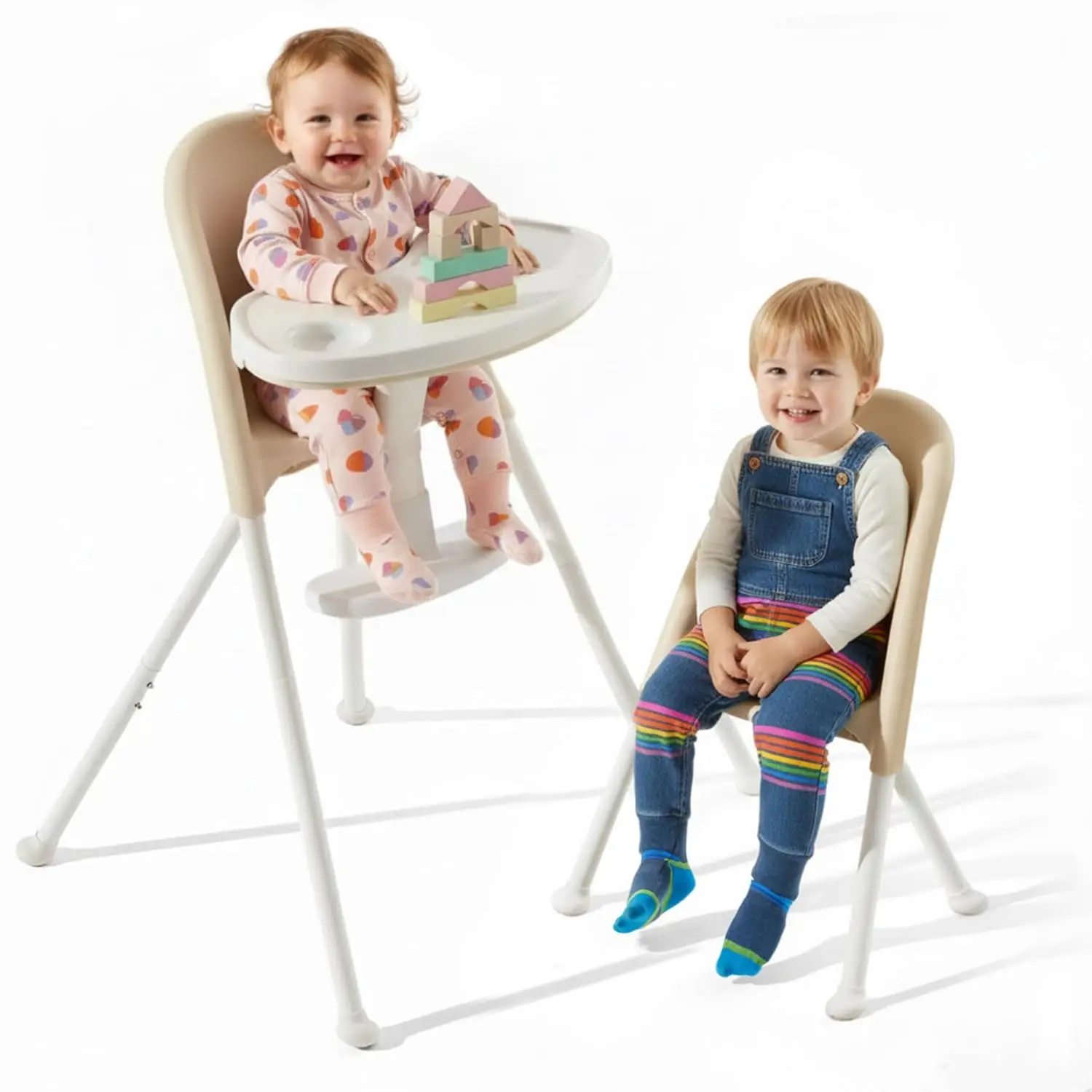 

Foldable High Chair, Space-Saving Portable Baby Feeding Chair with Removable Double Tray, Lightweight & Easy to Clean, Beige